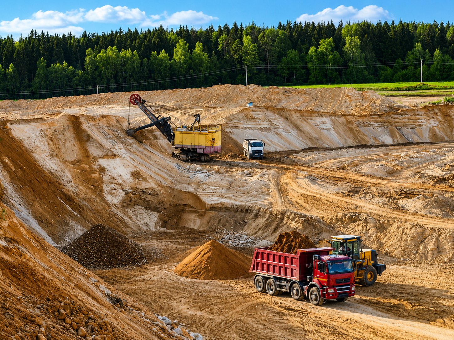 Earthworks site preparation with trucks and excavation activity