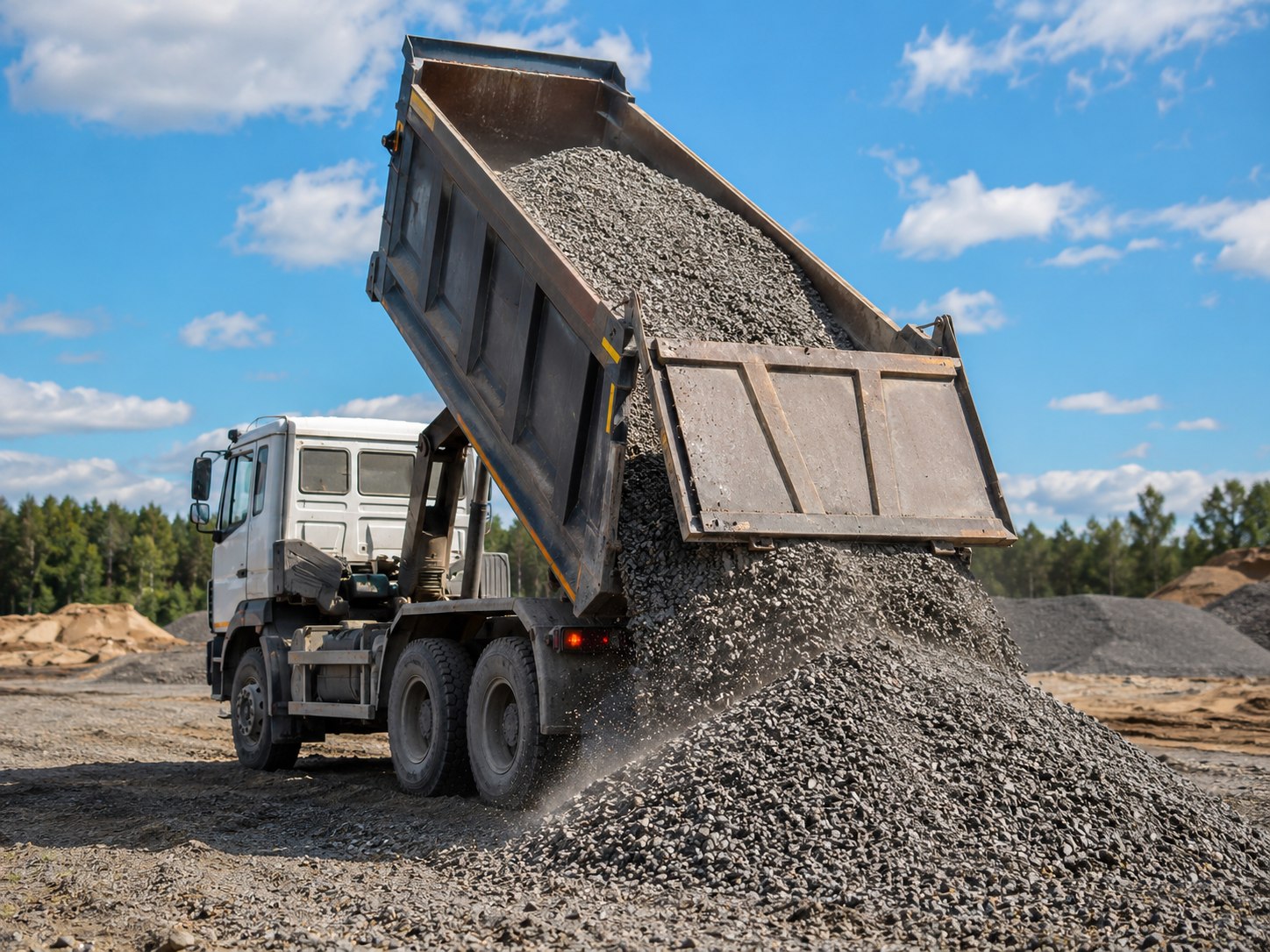 Dump truck unloading stone and aggregate materials