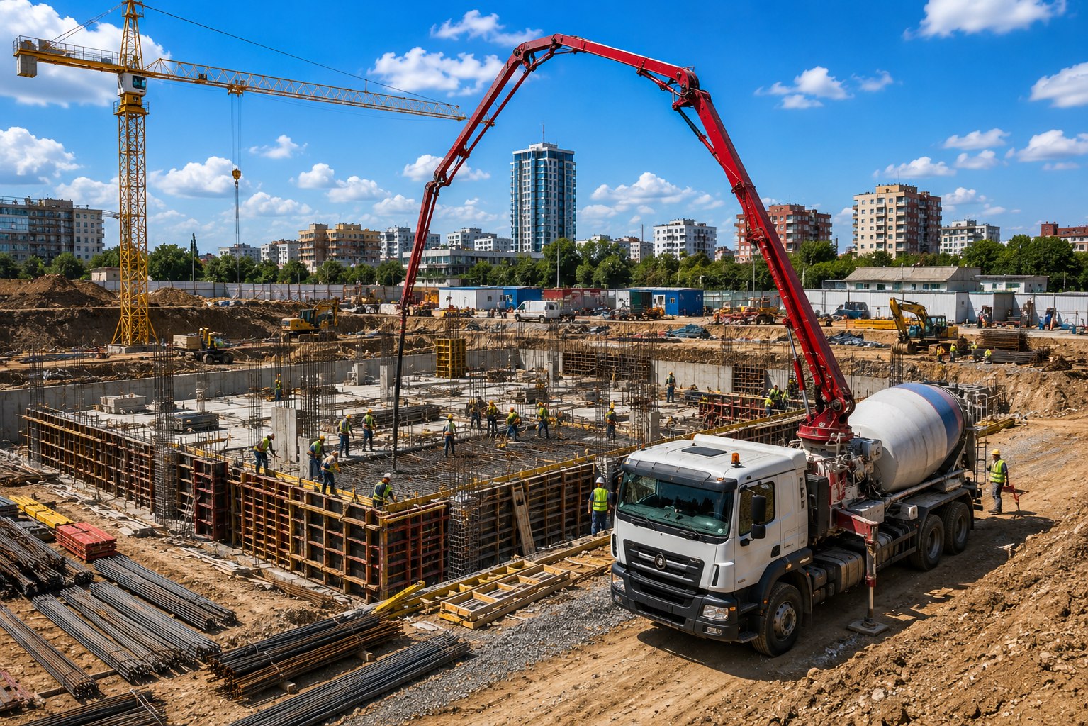 Construction project site with concrete truck and active works