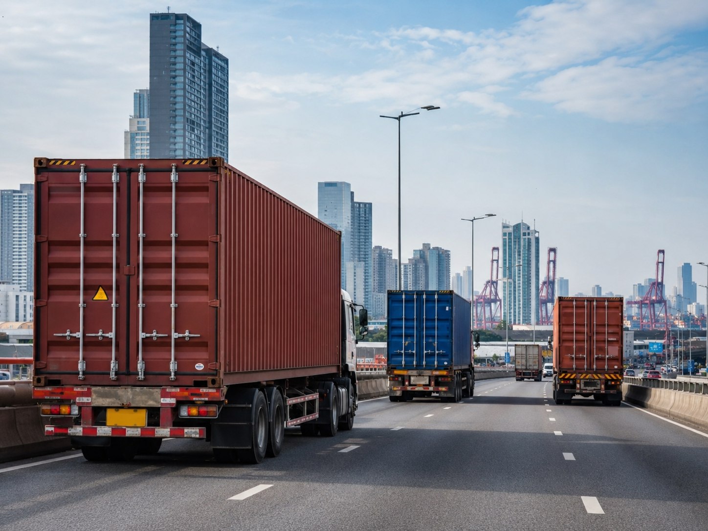 Cargo trucks moving through an urban logistics route