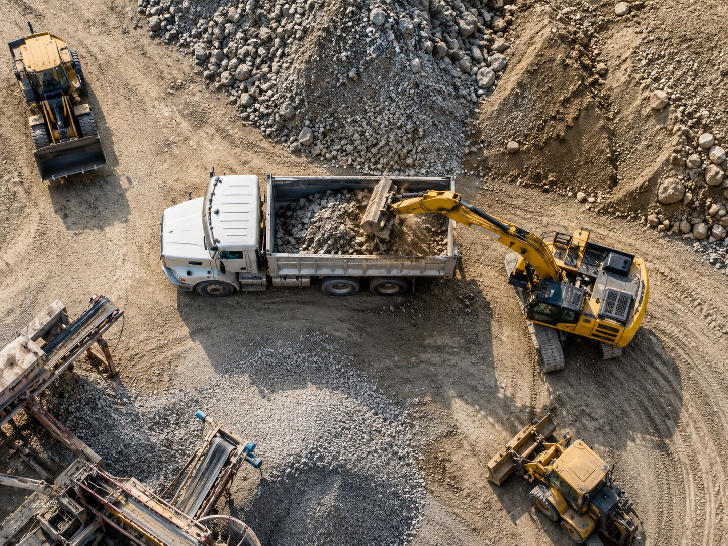Construction material loading with trucks and site equipment